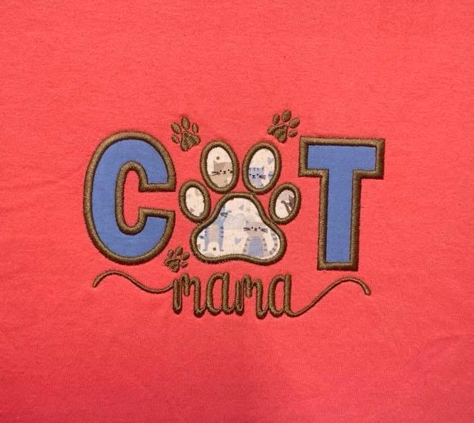 Cat Mama Applique Embroidery T-Shirt