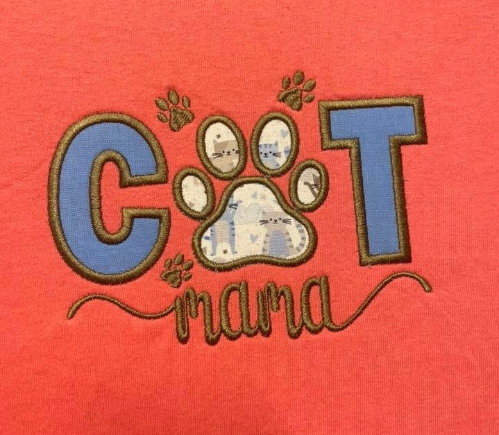 Cat Mama Applique Embroidery T-Shirt